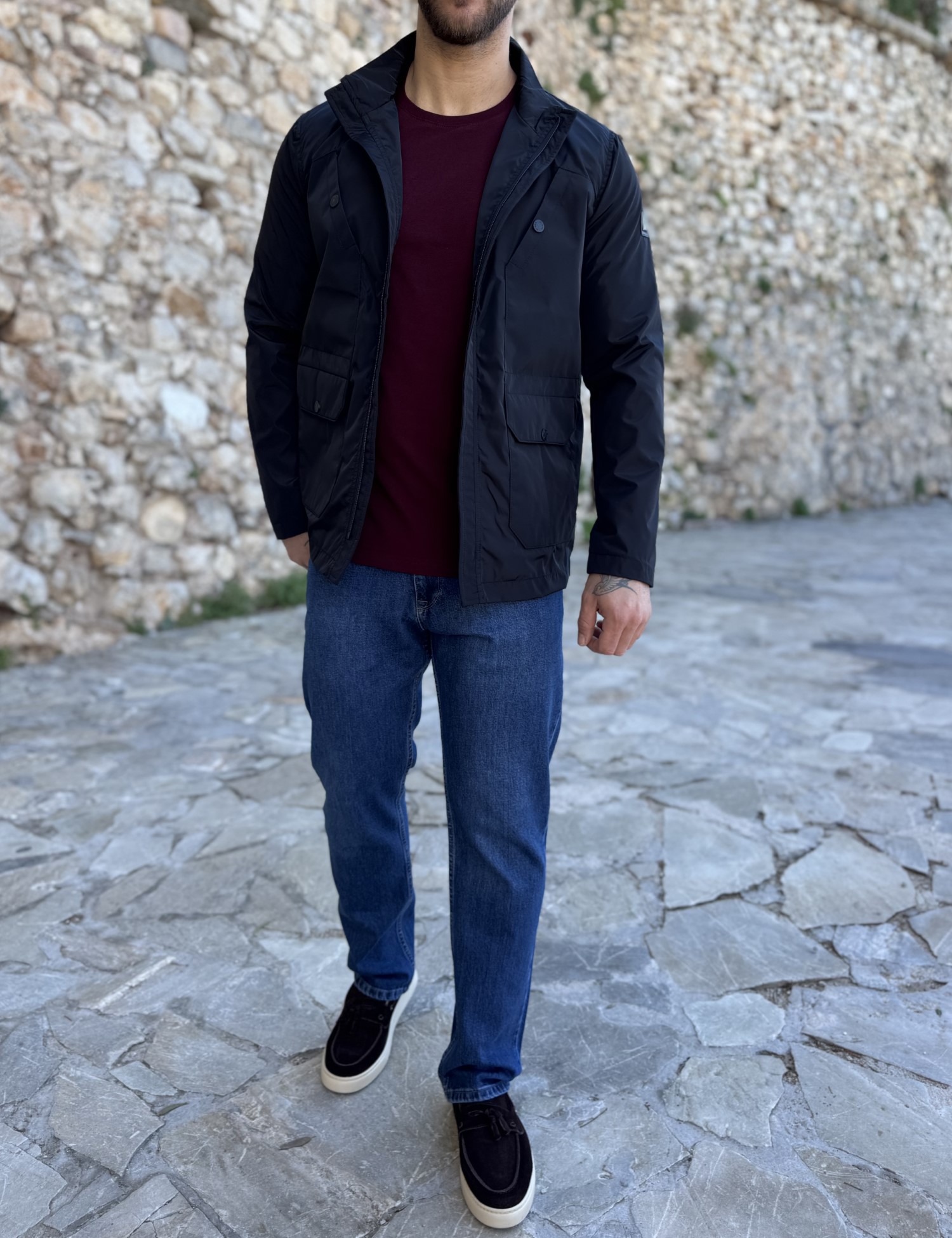 Ανδρικό μπλε ελαφρύ μπουφάν με γιακά και ίσιο τελειώμα HM264085 φωτογραφία